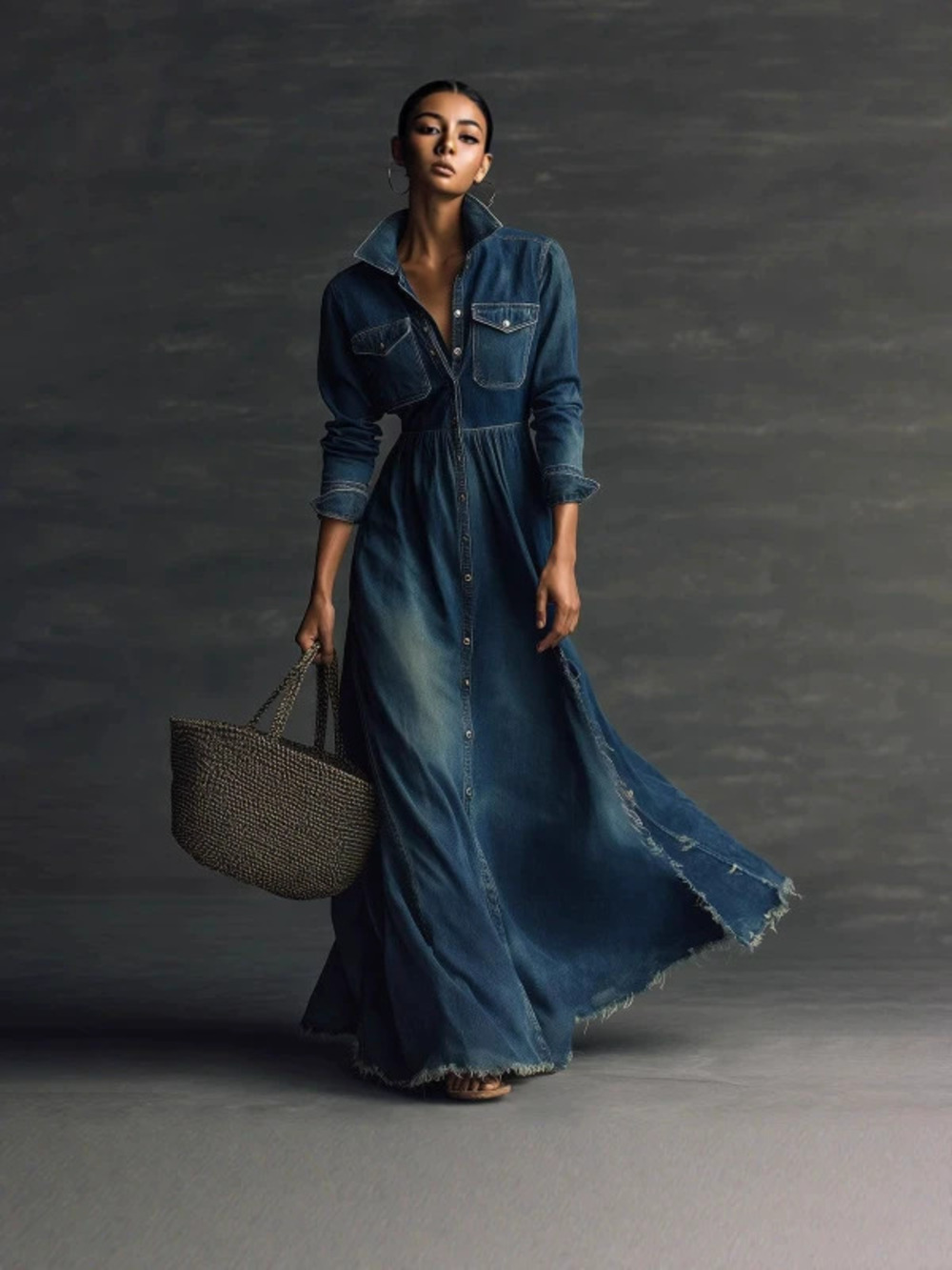 H&M  Vintage Denim Long Sleeve Flared Dress Slim Waist Spring